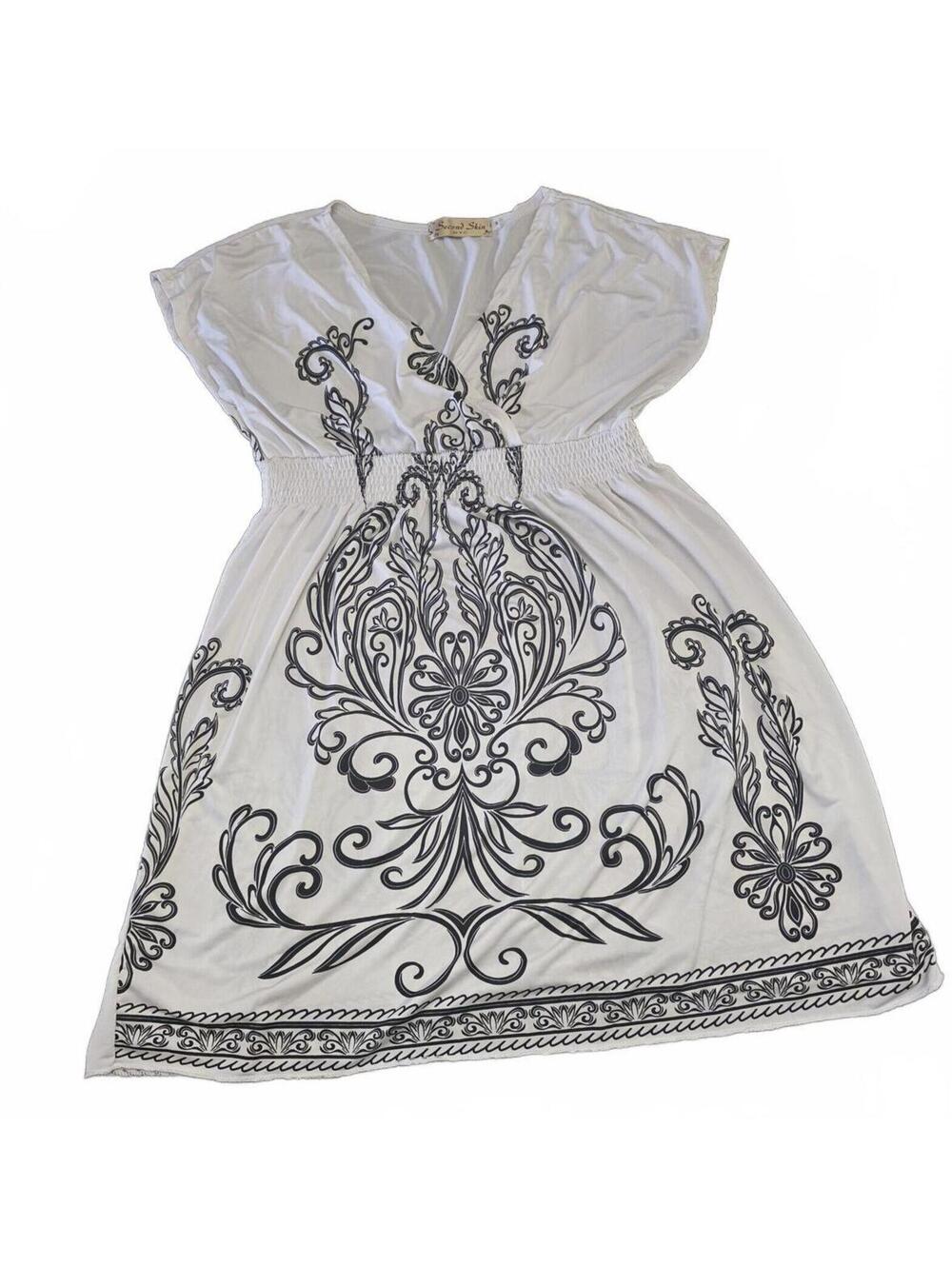 Second Skin NYC White V-Neck Damask Tunic Long Top Blouse M